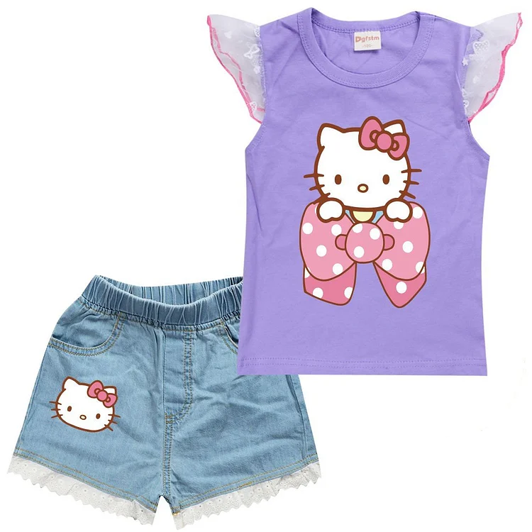Girls Hello Kitty Print Ruffle Cotton Lace Tank Denim Shorts Suit Sets-Mayoulove