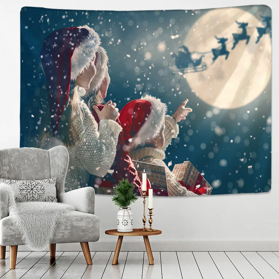 Xmas Art Wall Hanging Tapestry Santa Claus And Snow Christmas Deer Backdrop Home Room Decoration Gift