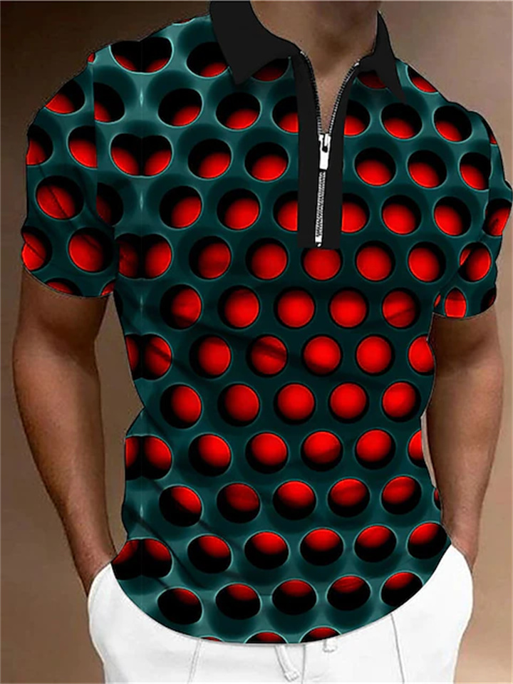 Men's Collar Polo Shirt Golf Shirt Optical Illusion Turndown Blue Orange Red Gray 3D Print Outdoor Street Short Sleeves Zipper Print Clothing Apparel Fashion Designer Casual Breathable / Summer | 168DEAL