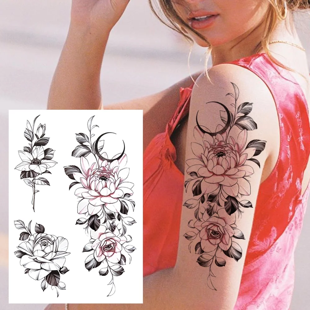 Sdrawing Lion Dahlia Temporary Tattoos For Women Adult Realistic Tiger Wolf Reindeer Snake Bird Fake Tattoo Sticker Washable Tatoos