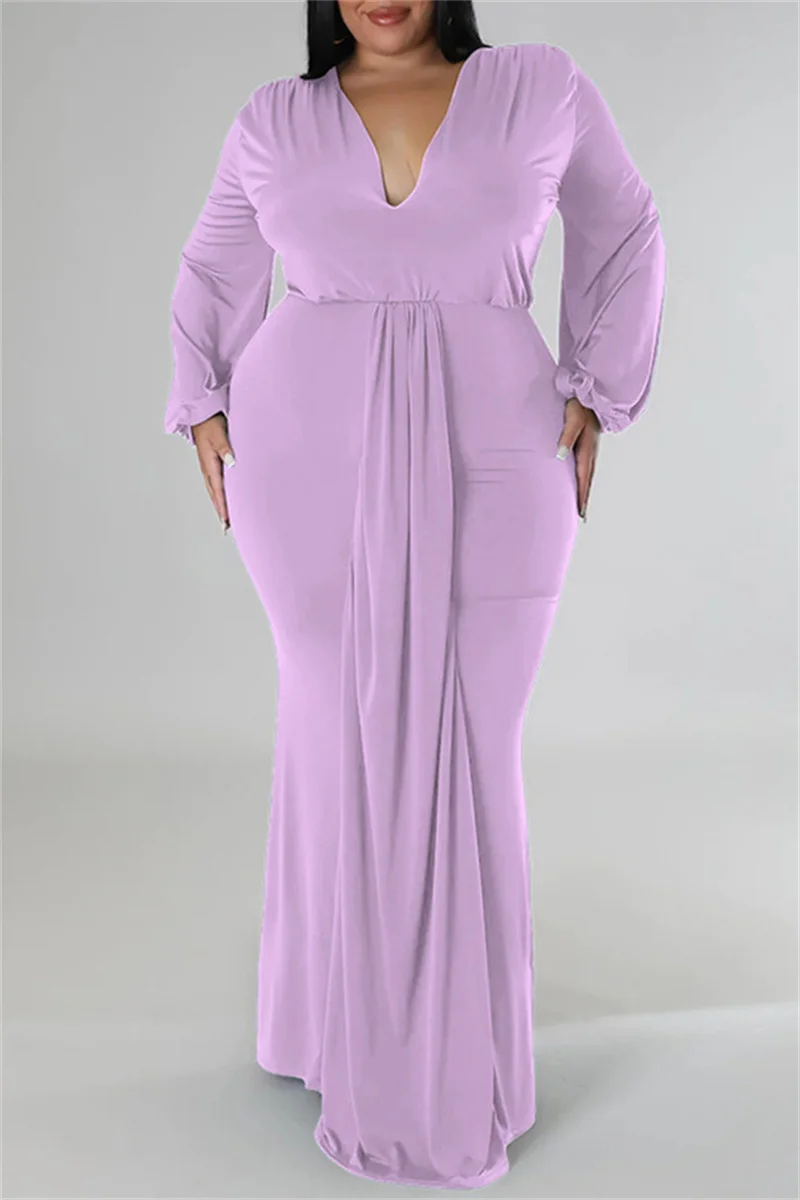 Light Purple Casual Solid Patchwork V Neck Long Sleeve Plus Size Dresses | EGEMISS