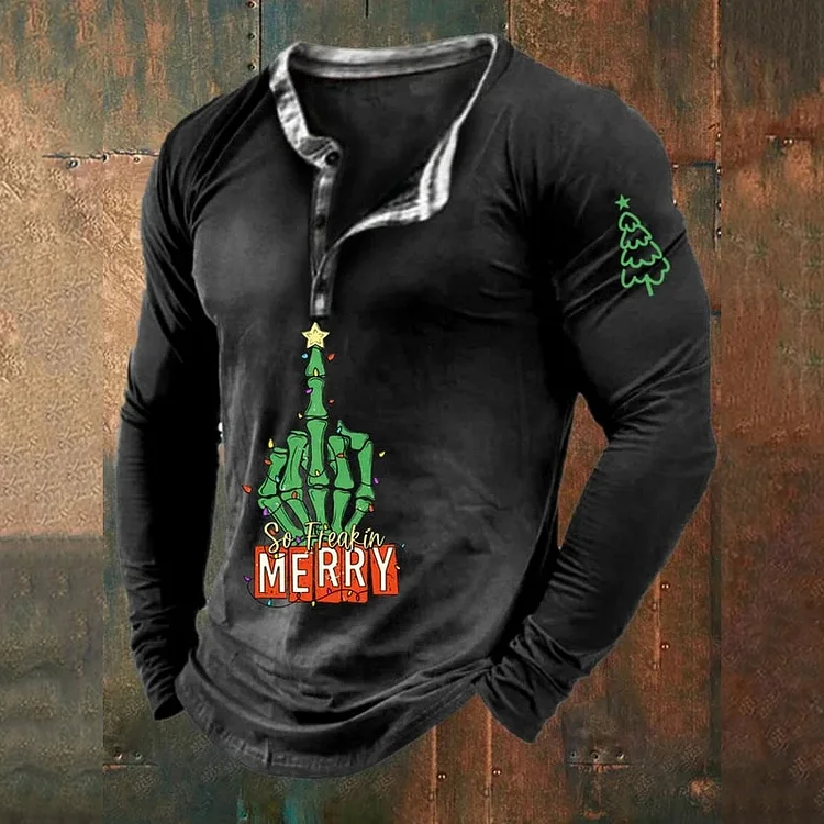 Men's So Freakin Merry F*cking Skeleton Hand Christmas Printed Long Sleeve T-Shirt