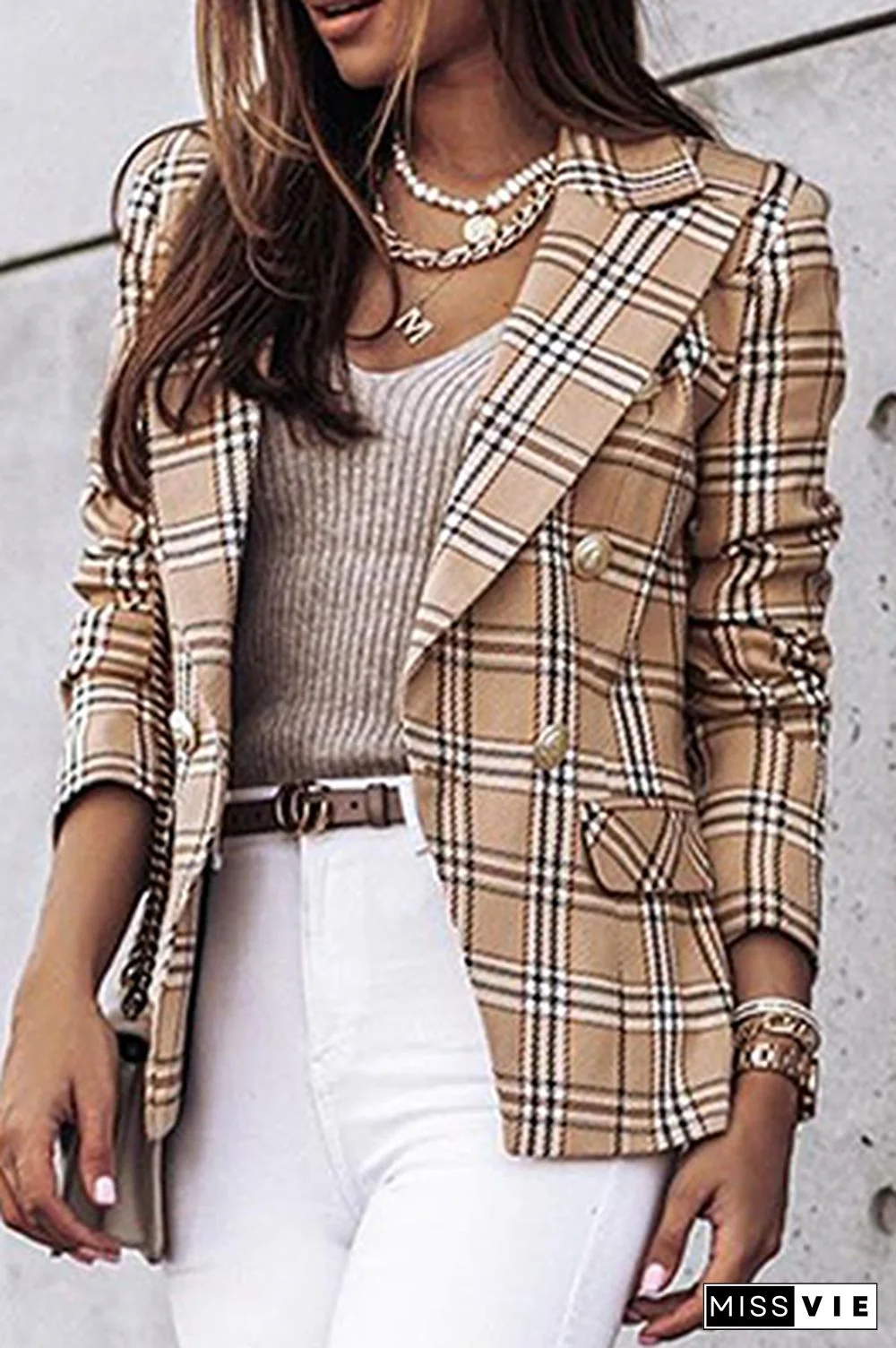 Elegant Plaid Striped Patchwork Buttons Turn-back Collar Outerwear