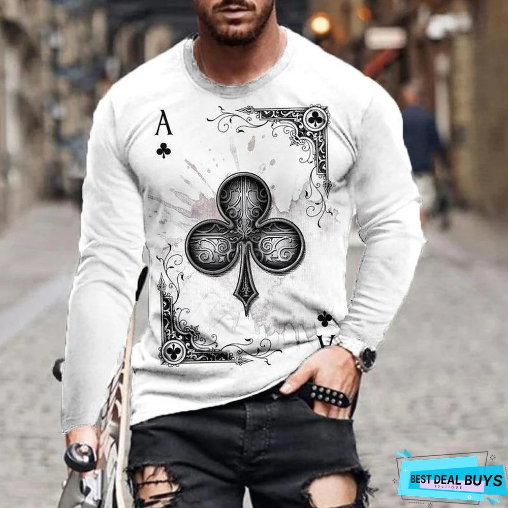 Men's Street Leisure Trend Poker Printed Flower Long Sleeve T-Shirt