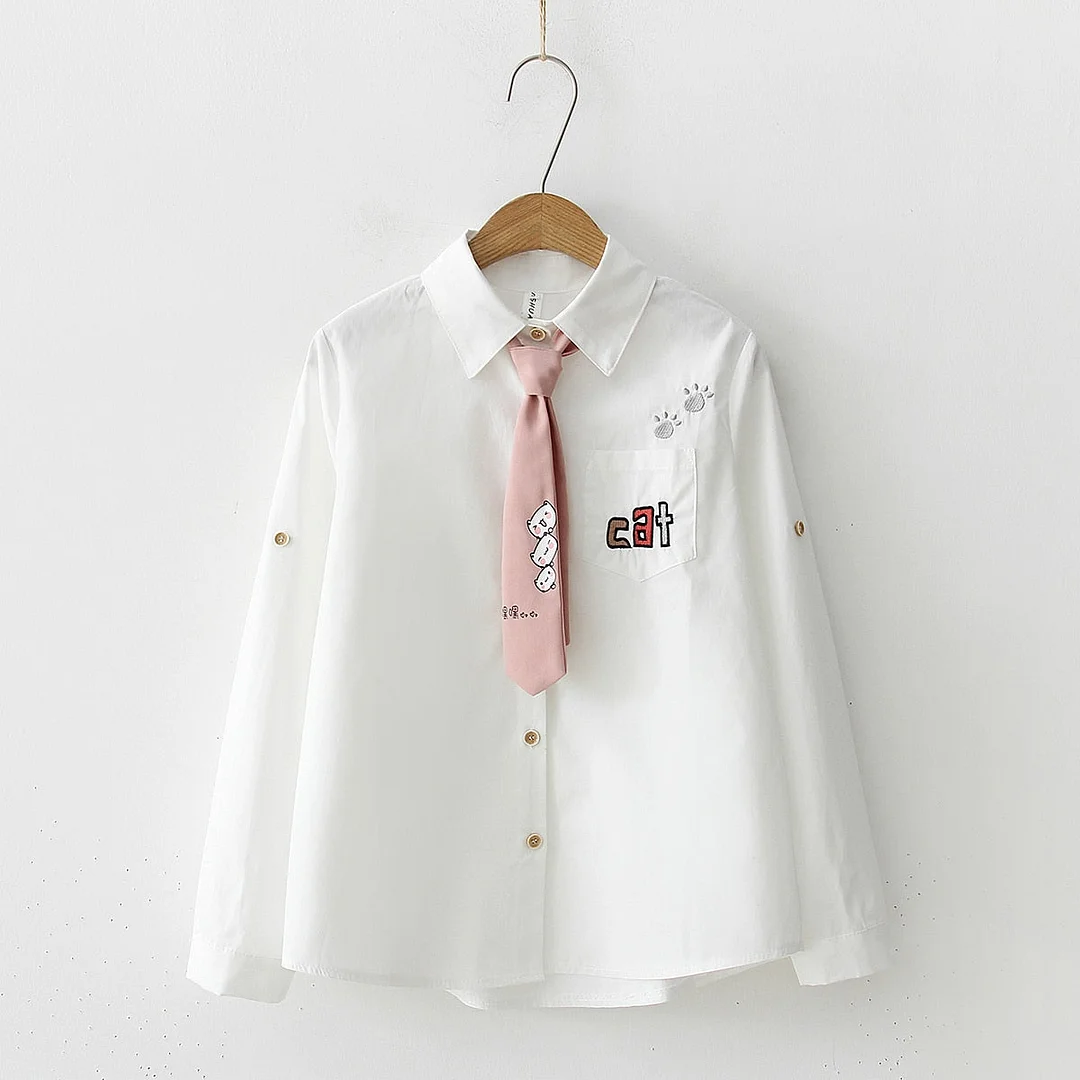 Women Cartoon Cat Embroidery Cotton White Shirt Turn-Down Collar Button Up Cute School Girls Blouse With Pink Tie Feminina Blusa