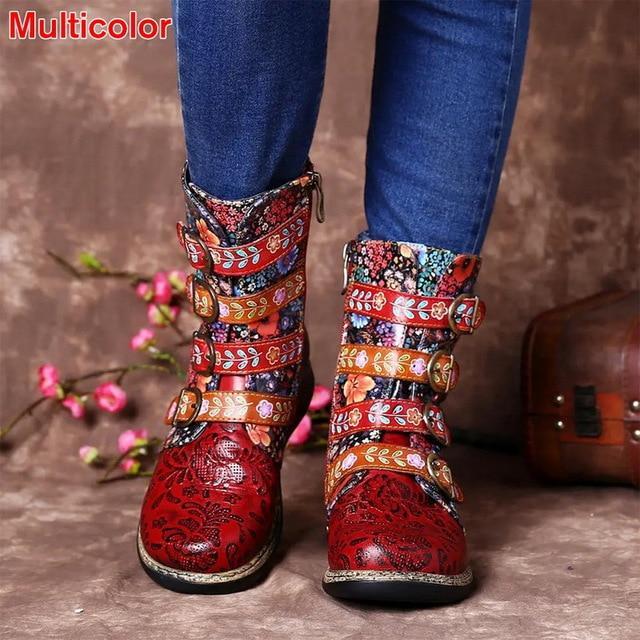 Retro Printed Metal Buckle Genuine Leather Zipper Ankle Boots 