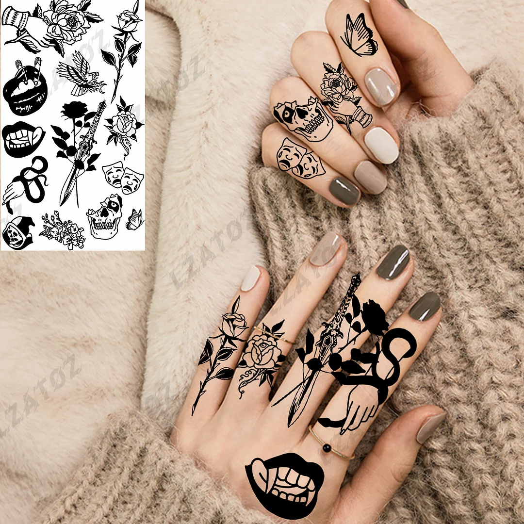 Sdrawing Eye Flower Temporary Tattoos For Woman Adults Rose Butterfly Tiny Fake Tattoo Sticker 3D Finger Waterproof Tatoos