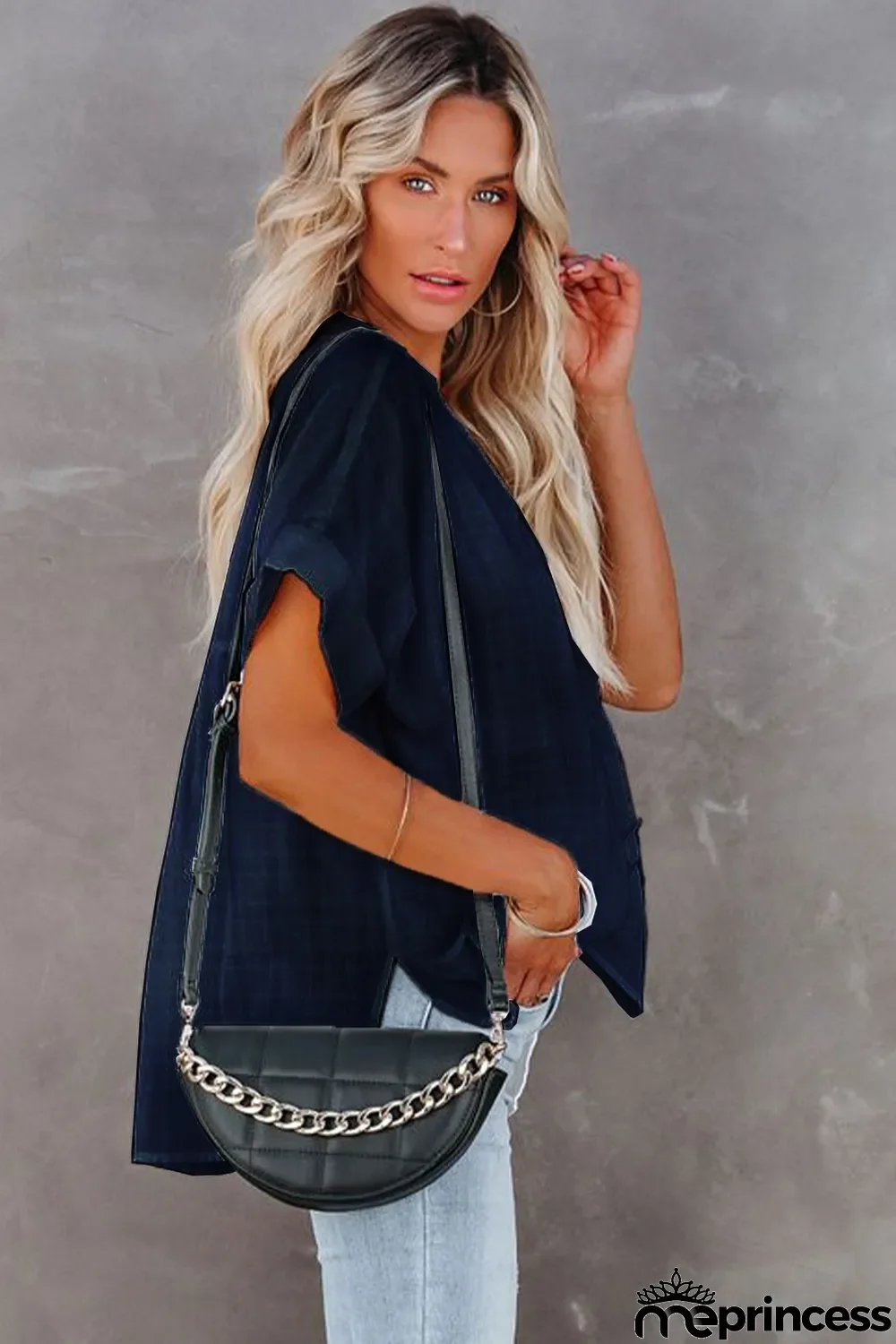 Navy Plaid Print Loose V Neck Short Sleeve Shirt with Slits