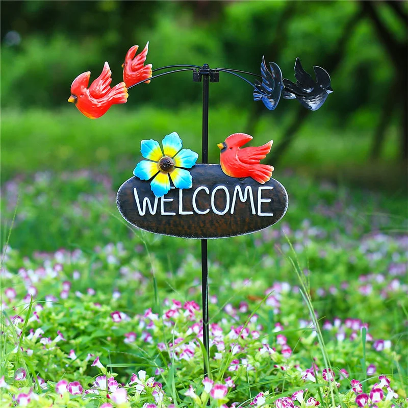 （Gardening Upgrades）Outdoor Lawn Metal Windmill with Welcome Sign