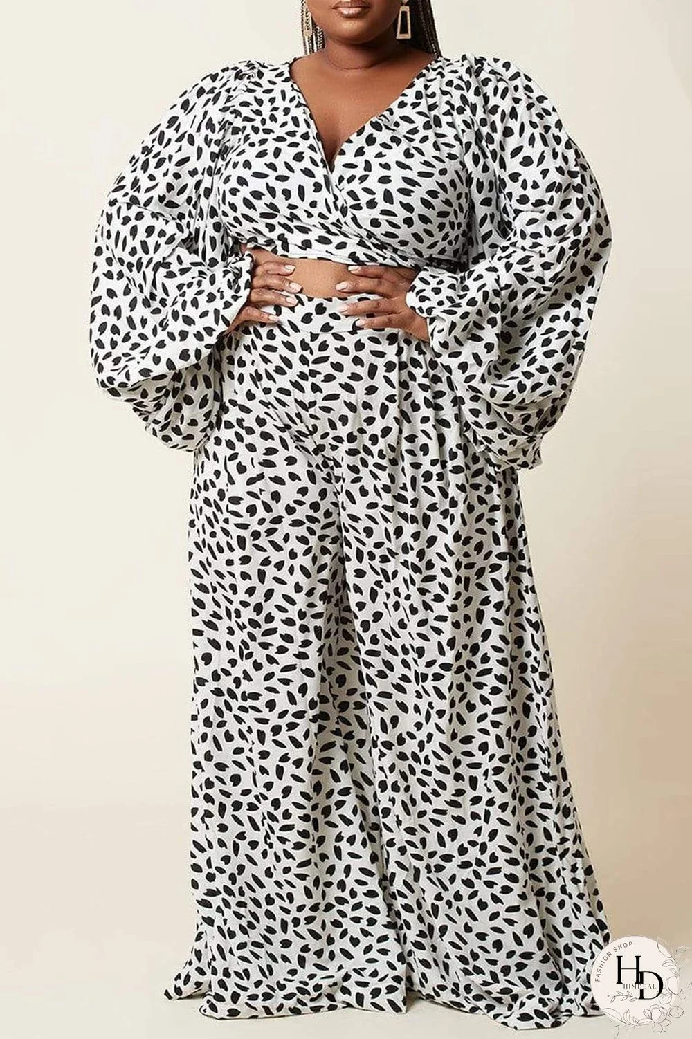 Black Fashion Casual Print Bandage V Neck Long Sleeve Two Pieces