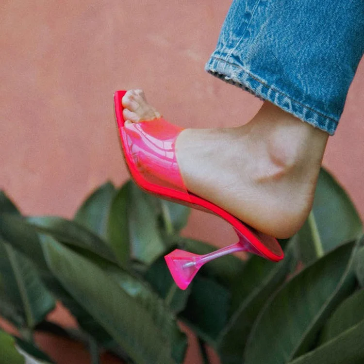 Hot Pink Clear Mules Square Toe Stiletto Heels Office Shoes |FSJ Shoes