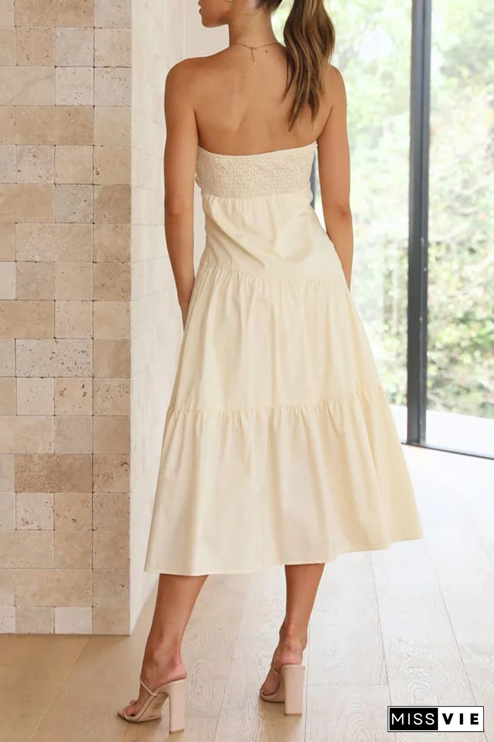 Sweet Elegant Solid Fold Strapless Waist Skirt Dresses