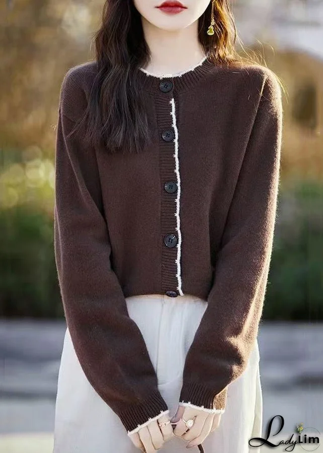 Classy Beige O Neck Button Wool Knit Cardigans Fall