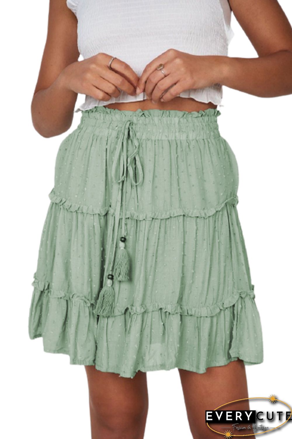 Smocked Waist Swiss Dot Frilled Tiered Mini Skirt