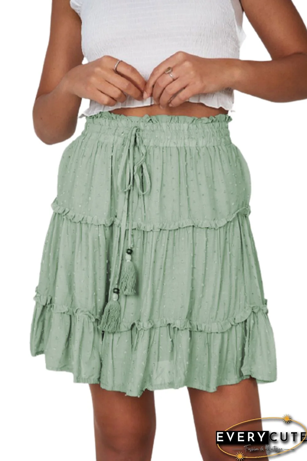 Smocked Waist Swiss Dot Frilled Tiered Mini Skirt