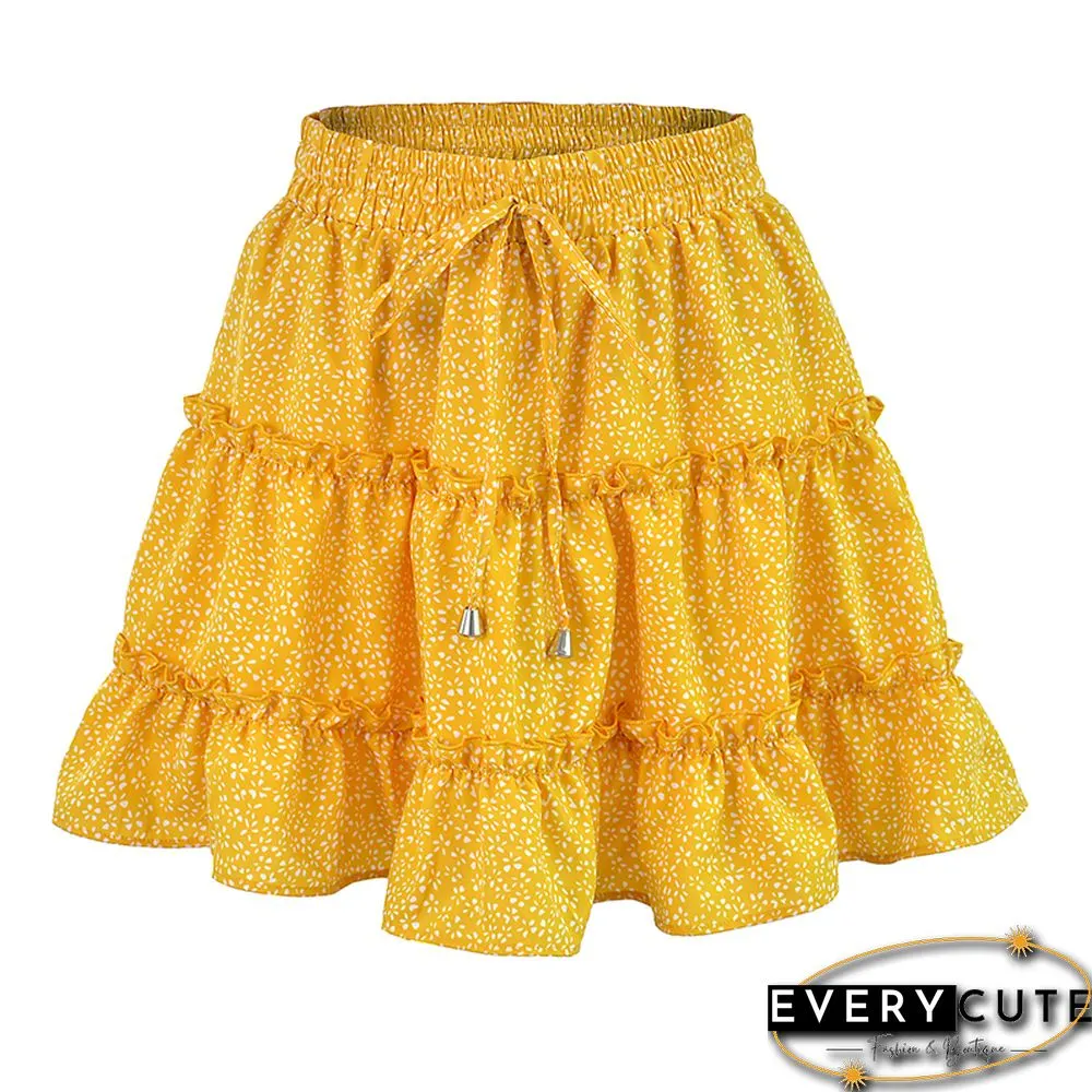 Yellow Floral Print A-Line Mini Skrit