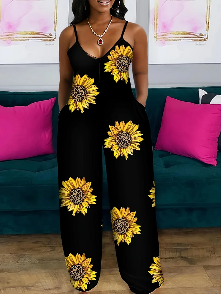 Women's Black & Yellow Sunflower Print Jumpsuit - Sleeveless Wide-Leg Romper With Low Neck, Mid-Stretch Machine-Washable Fabric For Spring/Summer Casual Outfits, Sunflower Romper, Summer Outfit, Vibrant Design, Comfortable Fit