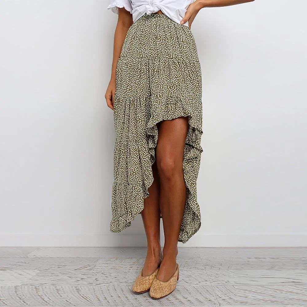 WildPinky Bohemian Black Ruffle Hem Wrap Floral Print Skirts Women Summer Elastic High Waist Ladies Irregular Long Skirt Female