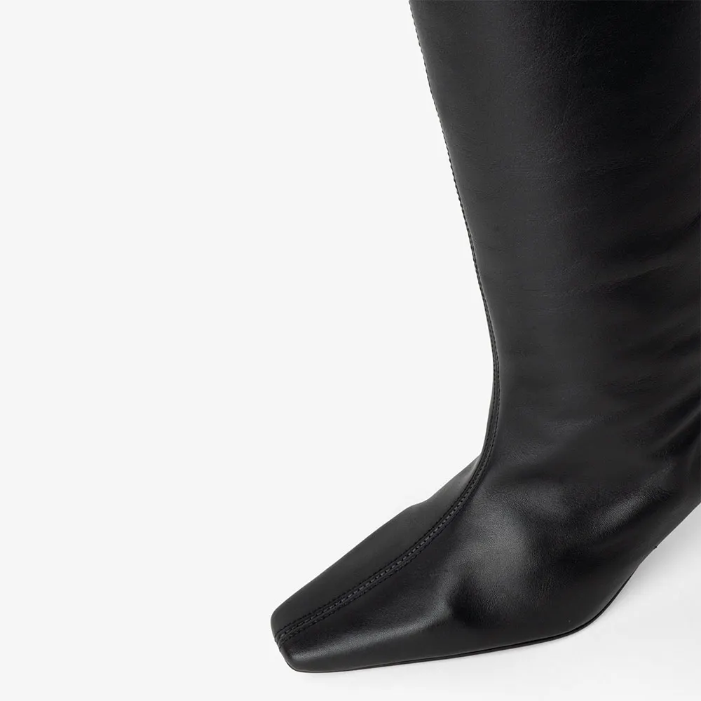 Women's Elegant Black Square Toe Kitten Heel Knee High Boots