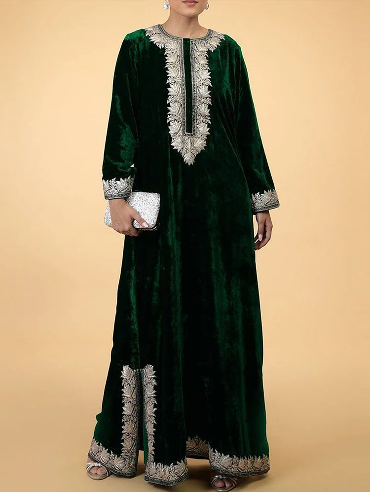 Elegant Long Sleeve Floral Pattern Side Slit Velvet Maxi Dress