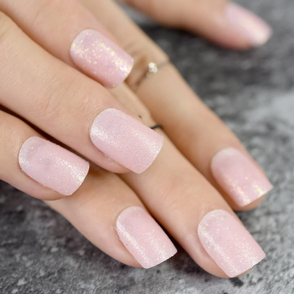 Light Pink Glitter False Nails Short Square Decoration Nails Full Wap Ladies Daily Wear Plastic Nail Tips-Nail Inspo