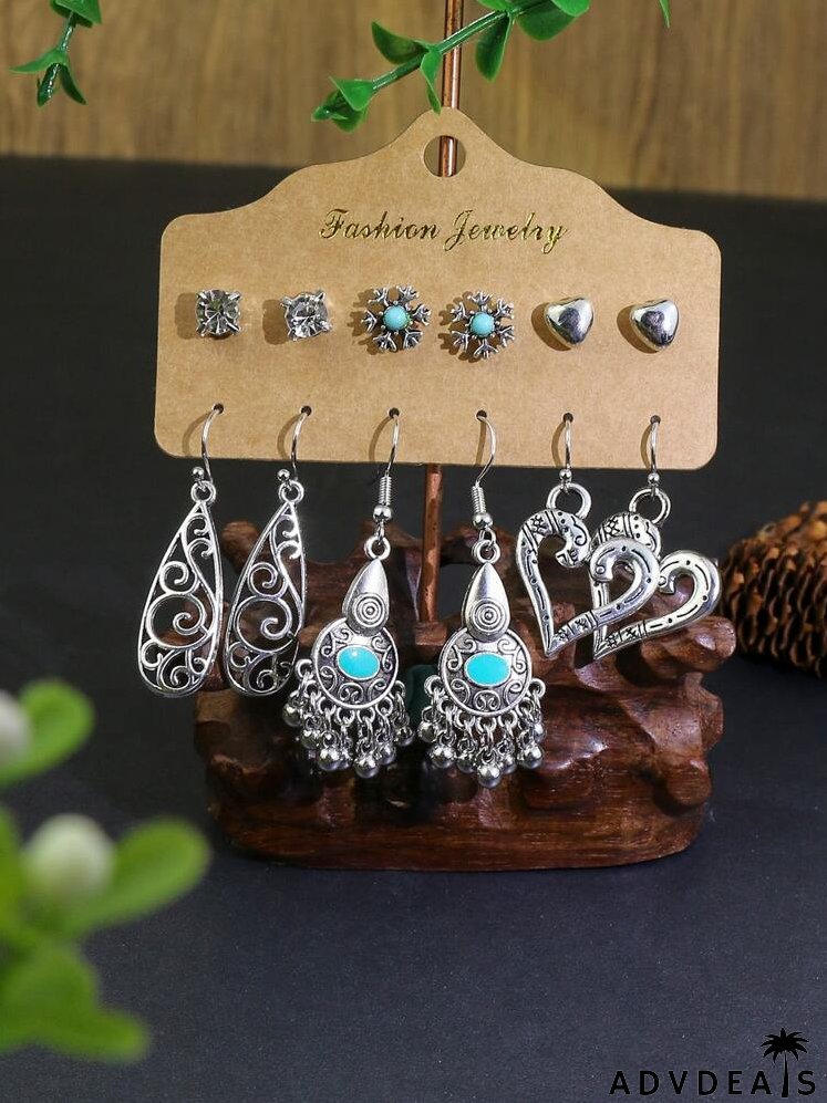 6pairs Heart Charm Hollow Out Earrings