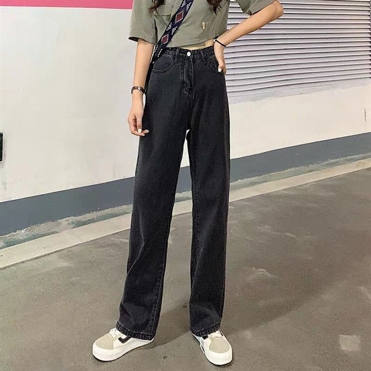 Jeans Women Loose BF Ladies Wide Leg Trouser Trendy Students Spring Ulzzang High Waist Full Length Vaqueros Mujer Simple Pocket