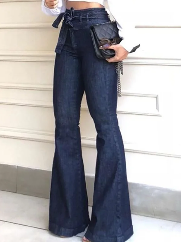 Solid Color Tied Waist Flared Pants High Waisted Jean Pants Bottoms