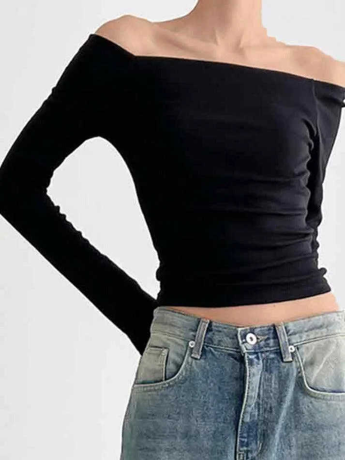 Brownm Solid Color Off Shoulder Slim Long Sleeve Tee