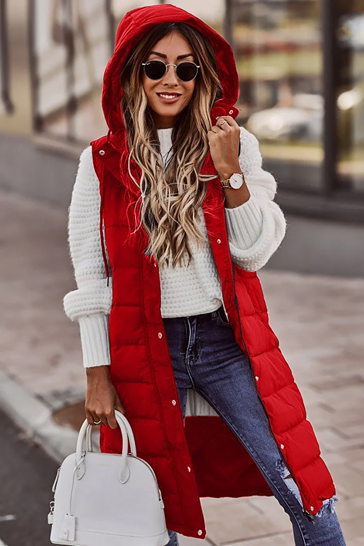 Plus Size Jacket Red Fall Winter Thick Plush Hooded Vest Winter Jacket With Pocket