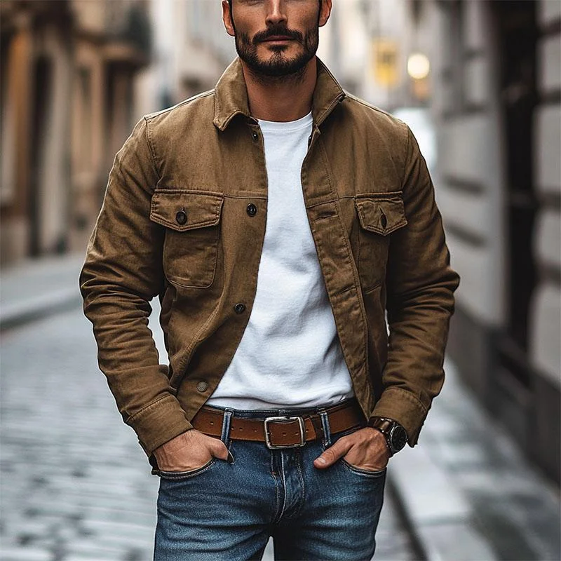 Men's Casual Cotton Lapel Multi-Pocket Slim Fit Work Jacket