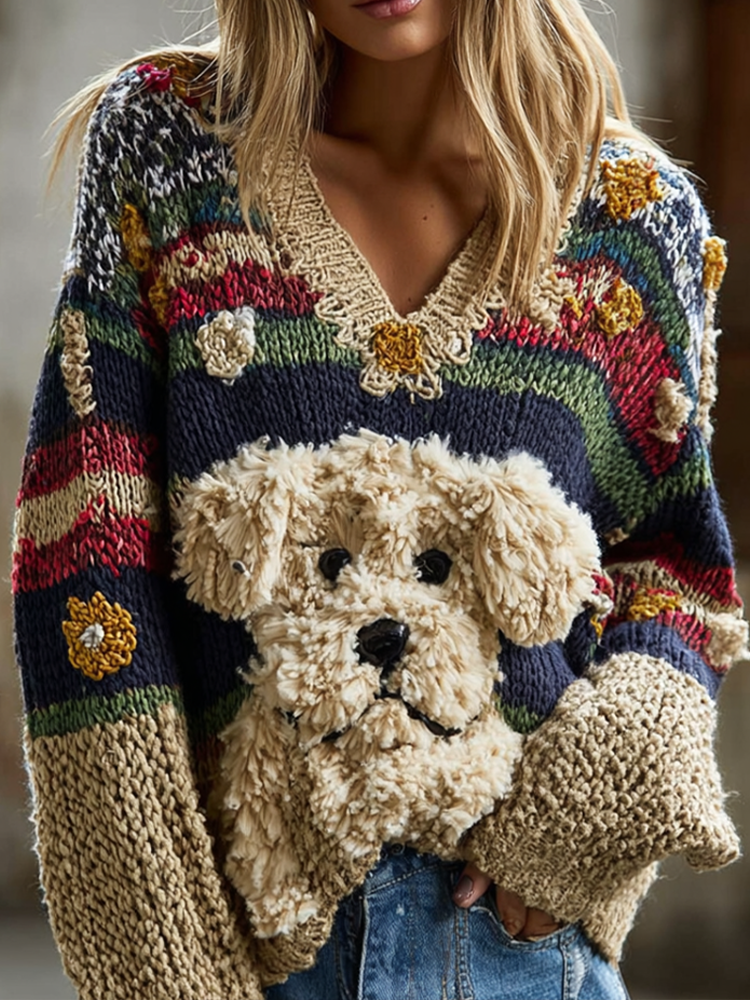Women's Colorful Striped Plush Dog Pattern Embroidered V-neck Knit Sweater