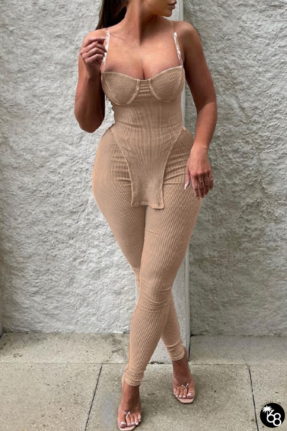 Khaki Sexy Solid Backless Asymmetrical Spaghetti Strap Sleeveless Two Pieces | 168DEAL