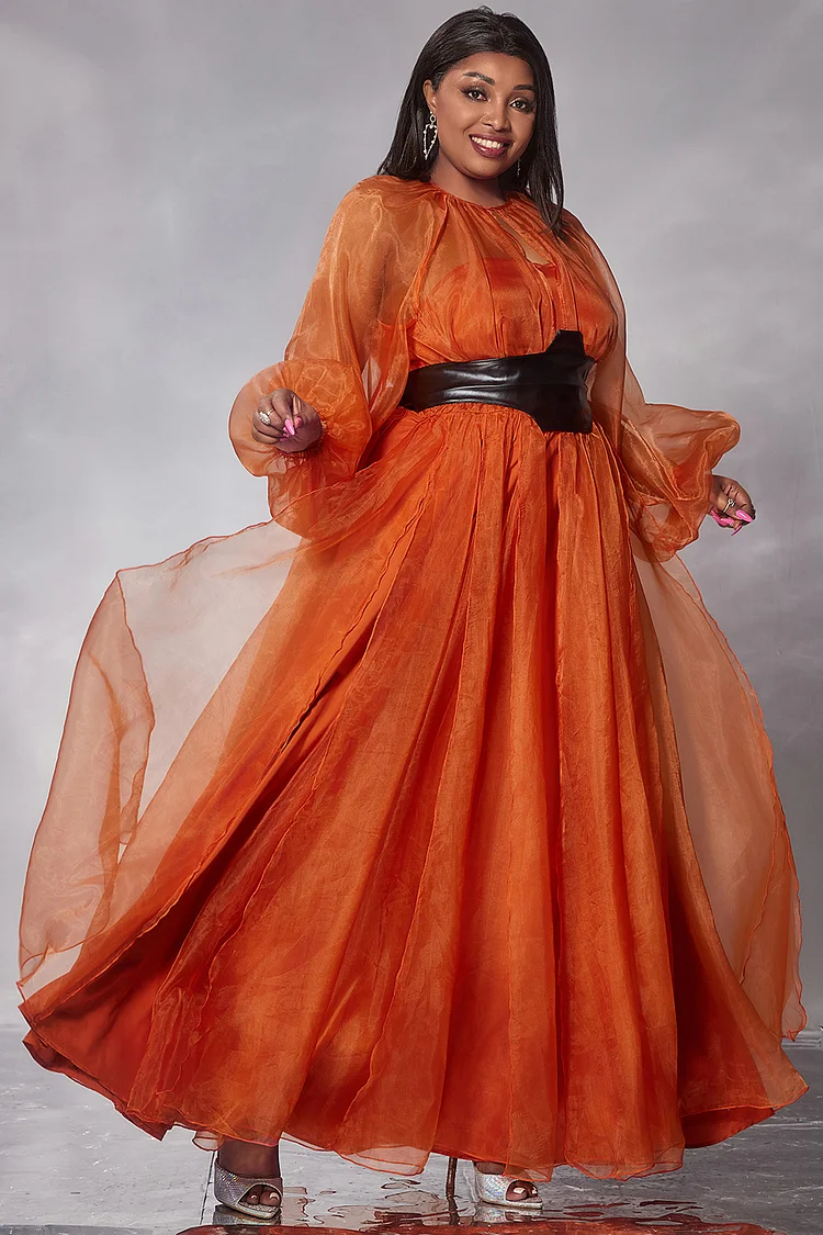Xpluswear Design Plus Size Formal Maxi Dresses Elegant Orange Long Sleeve See-Through Mesh Maxi Dresses [Pre-Order]