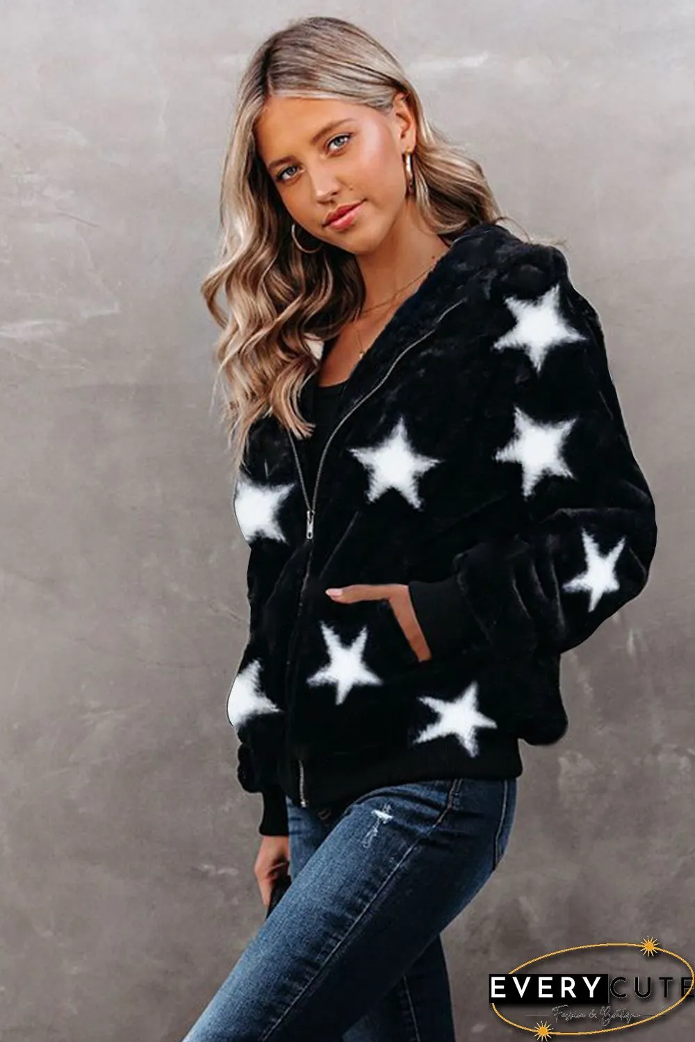 Black Star Print Zipper Fleece Hooded Coat with Pockets