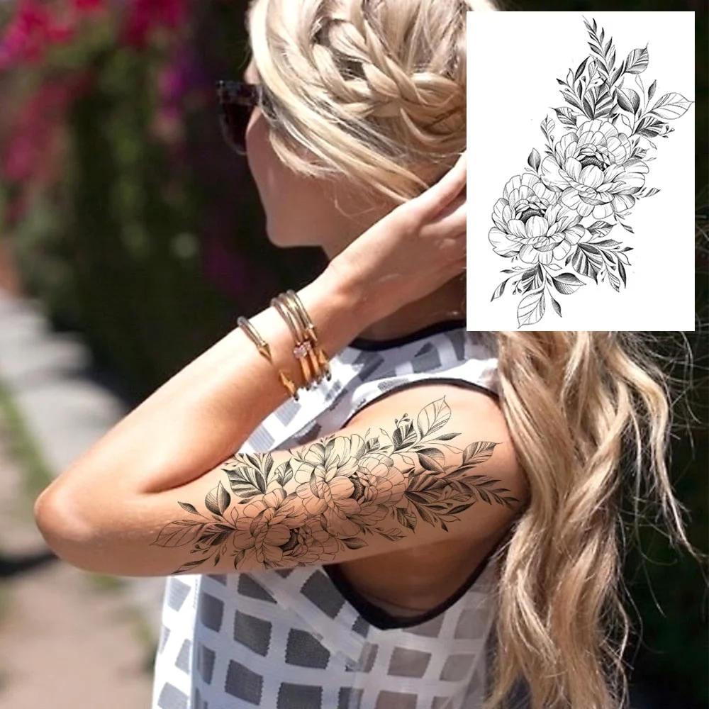 Realistic Sexy Peony Tattoos Temporary Women Adult Flower Arm Tattoos Sticker Waterproof Fake Floral Bloosom Body Leg Art Tatoos