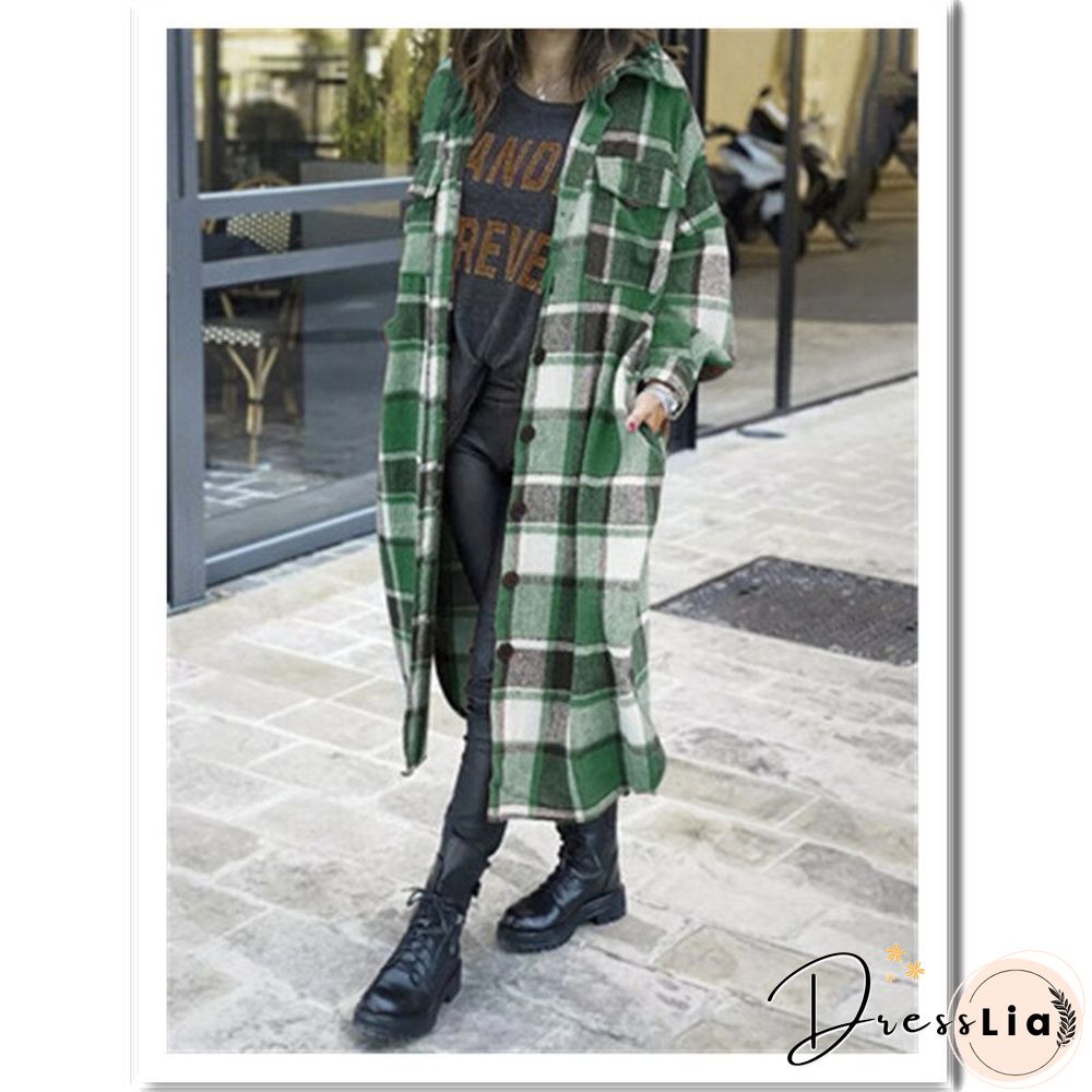 Women'S Fashion Long Plaid Coat Autumn Shirt Coat Woolen Coat Streetwear Women Clothing Loose Coat Female Casual Jacket