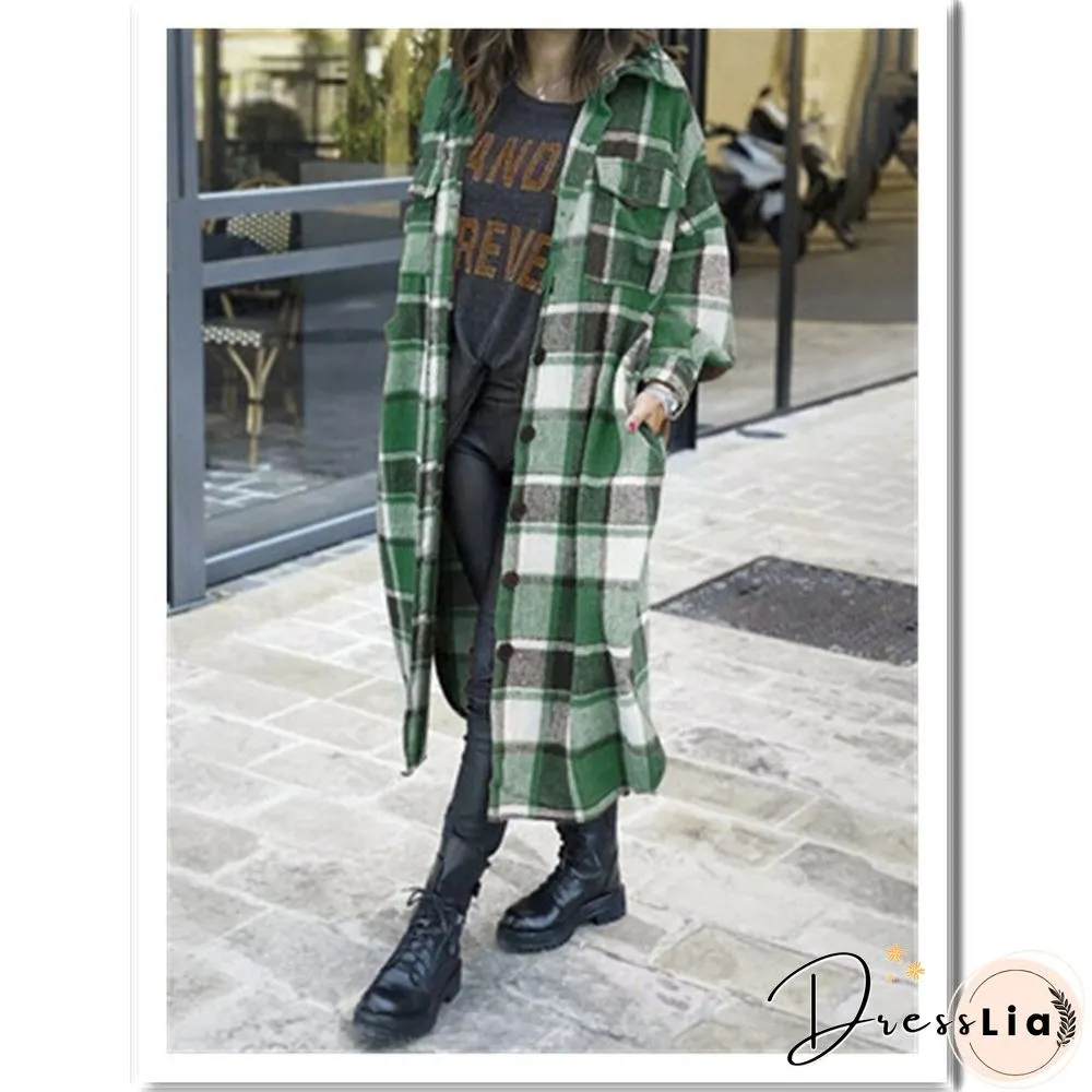 Women'S Fashion Long Plaid Coat Autumn Shirt Coat Woolen Coat Streetwear Women Clothing Loose Coat Female Casual Jacket