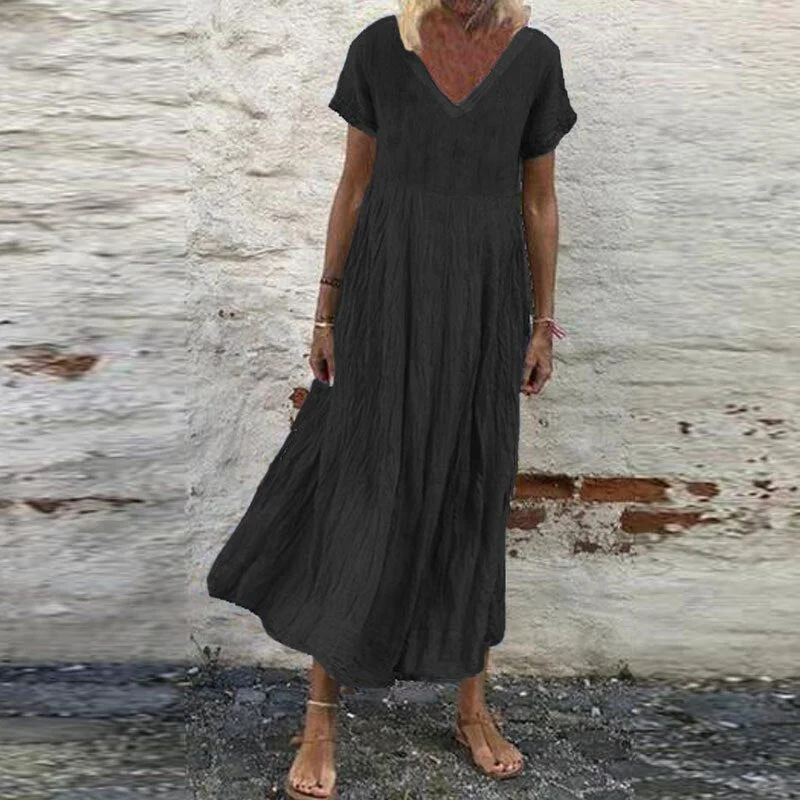 Summer Short Sleeve Long Dress ZANZEA Vintage Women V neck Solid Sundress Kaftan Beach Dresses Casual Party Vestido Robe Femme