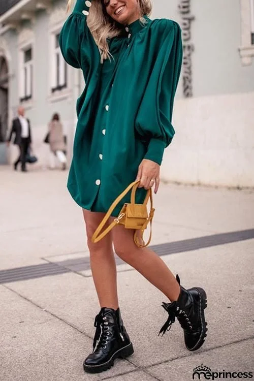 Oversized Button Puff Sleeve Shirt Dress
