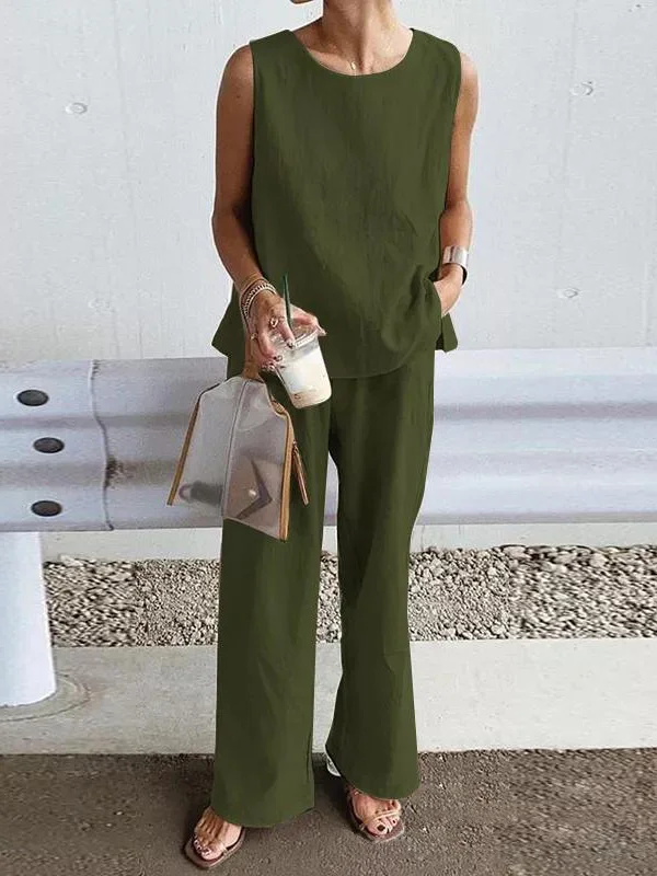 Split-Side Loose Sleeveless Solid Color Round-Neck Vest Top + Pockets Pants Bottom Two Pieces Set