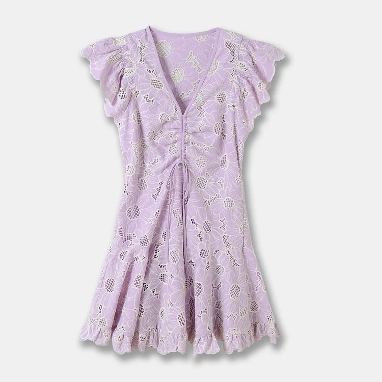 Flower Embroidered With Small Flying Sleeves And V-Neck Waist Mini Dress