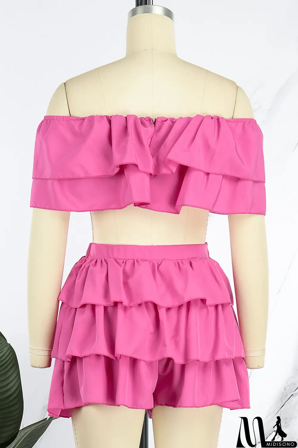 MidiSono - Rose Red Sexy Casual Solid Patchwork Backless Off the Shoulder Short Sleeve Two Pieces