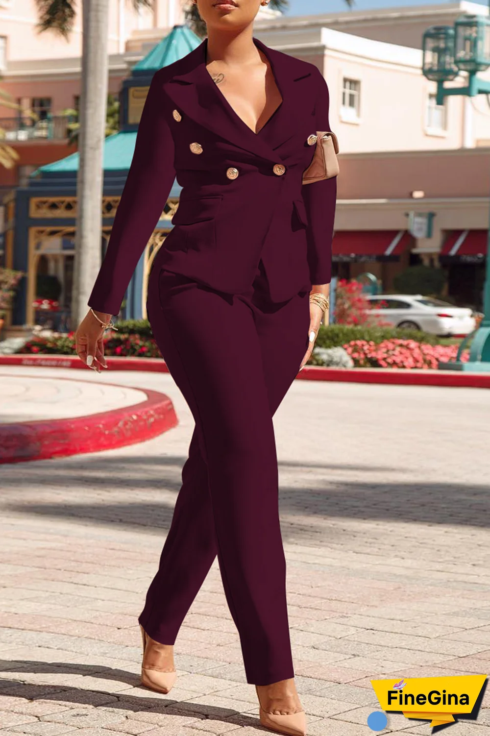 Pink Fashion Solid Buckle Turndown Collar Long Sleeve Two Pieces