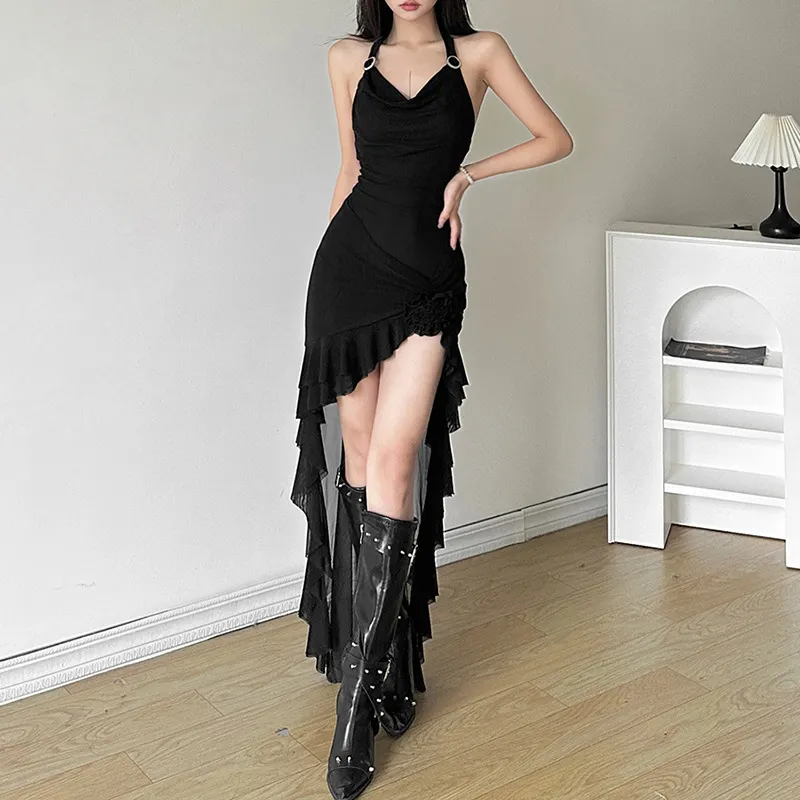 Churchf 2024 Summer New Women's Solid Color Sexy Hottie Hanging Neck Girded Mesh Dress
