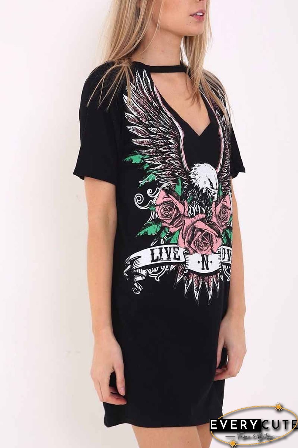 Women's Choker Cutout V-Neck Eagle Printed Short Sleeve Mini T-Shirt Dress