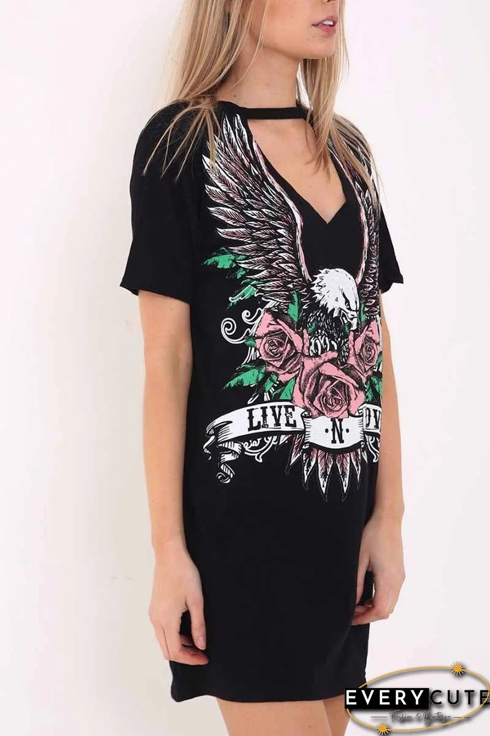 Women's Choker Cutout V-Neck Eagle Printed Short Sleeve Mini T-Shirt Dress