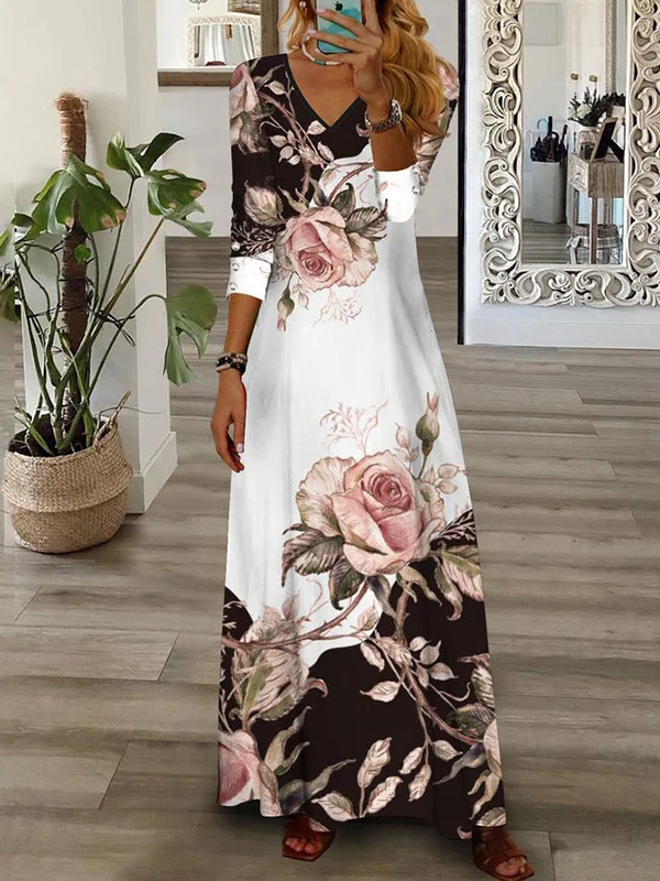 Flower Print Contrast Color Wrap Loose V-Neck Maxi Dresses