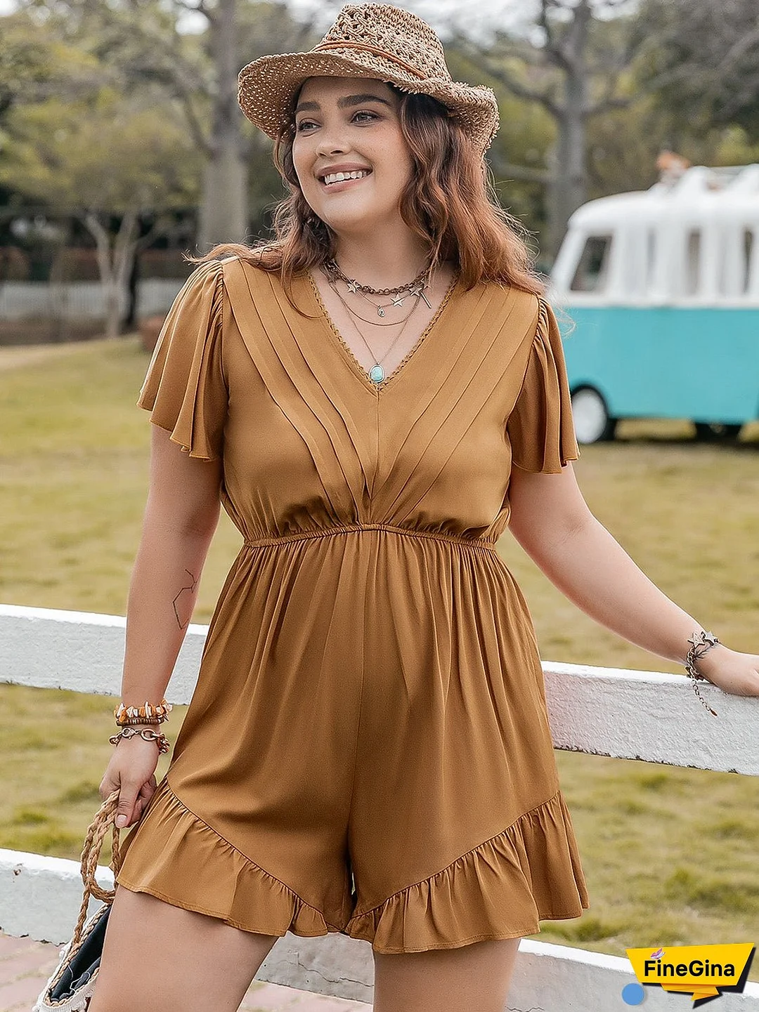 Plus Size Ruffled V-Neck Short Sleeve Romper