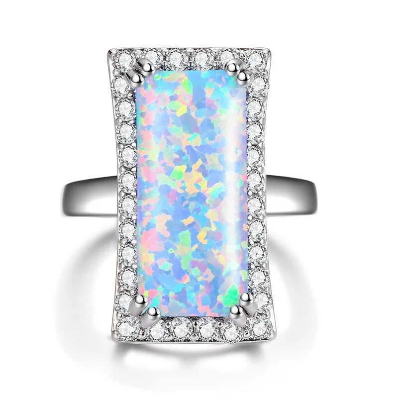 Boho Blue White Fire Opal Ring Gorgeous Big Stone Ring Silver Color Wedding Bands Jewelry Promise Engagement Rings For Women